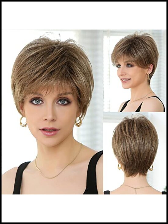 Human Hair Like Texture Short Pixie Cut Wig with Bangs Synthetic Replacement